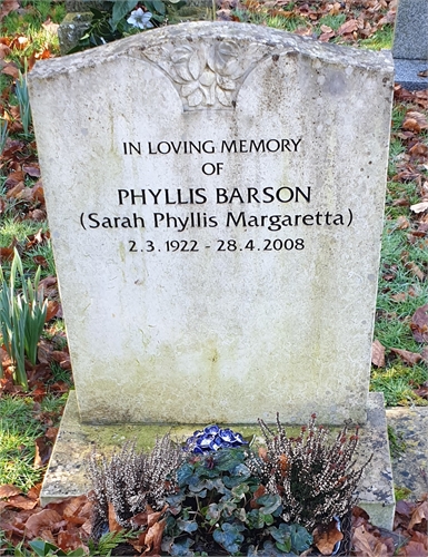 Photo of the grave of (PHYLLIS) SARAH PHYLLIS MARGARETTA BARSON (née JONES)